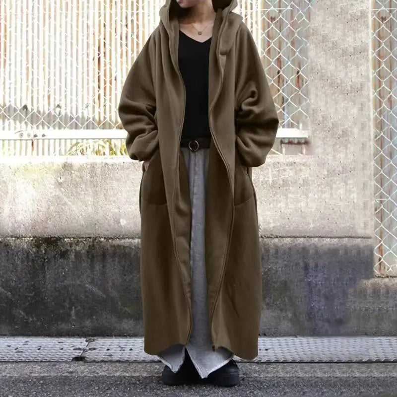 jinran 2024 Winter Fleece Outwear Autumn Hooded Long Coat Women Zipper Hoodies Long Sleeve Jackets Sweatshirt Robe Oversized