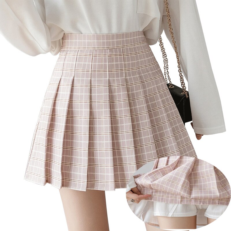 jinran Summer Women Plaid Skirt High Waist Chic Female Pleated Skirts Fashion Harajuku Ladies Mini Skirts Casual Cute Woman Short Skirt
