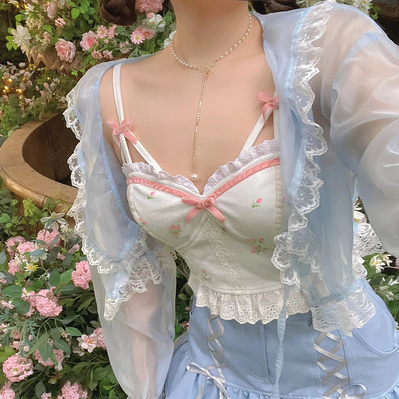 jinran White Backless Sexy Beach Sweet Cute Camis Women 2024 Summer Floral Kawaii Halter Tops Lace Print Party Korean Fashion Clothing