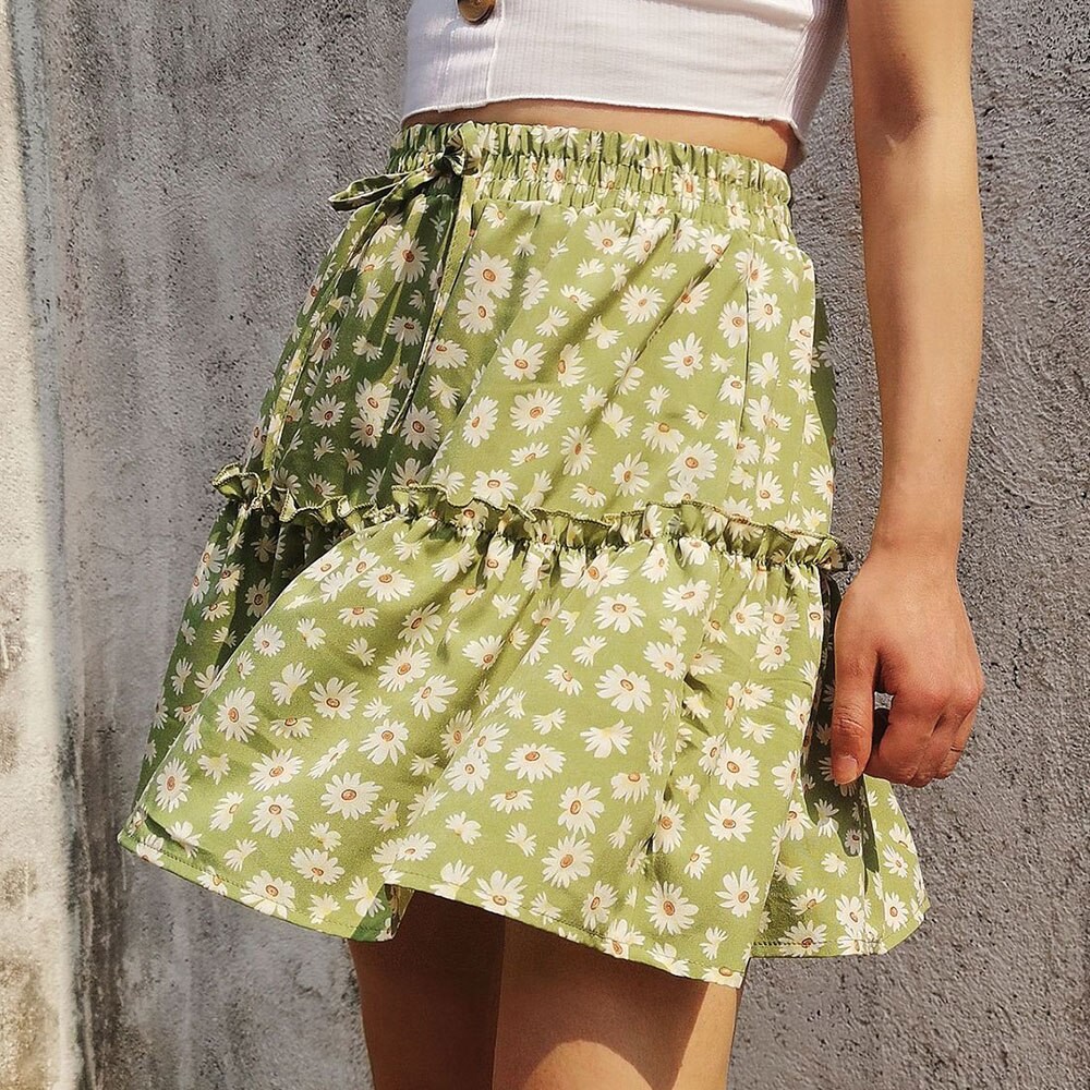 jinran Summer Boho Floral Print Mini Skirt Women Elegant Ruffles Short Skirts Elastics Waist Lace Up A-Line Skirts