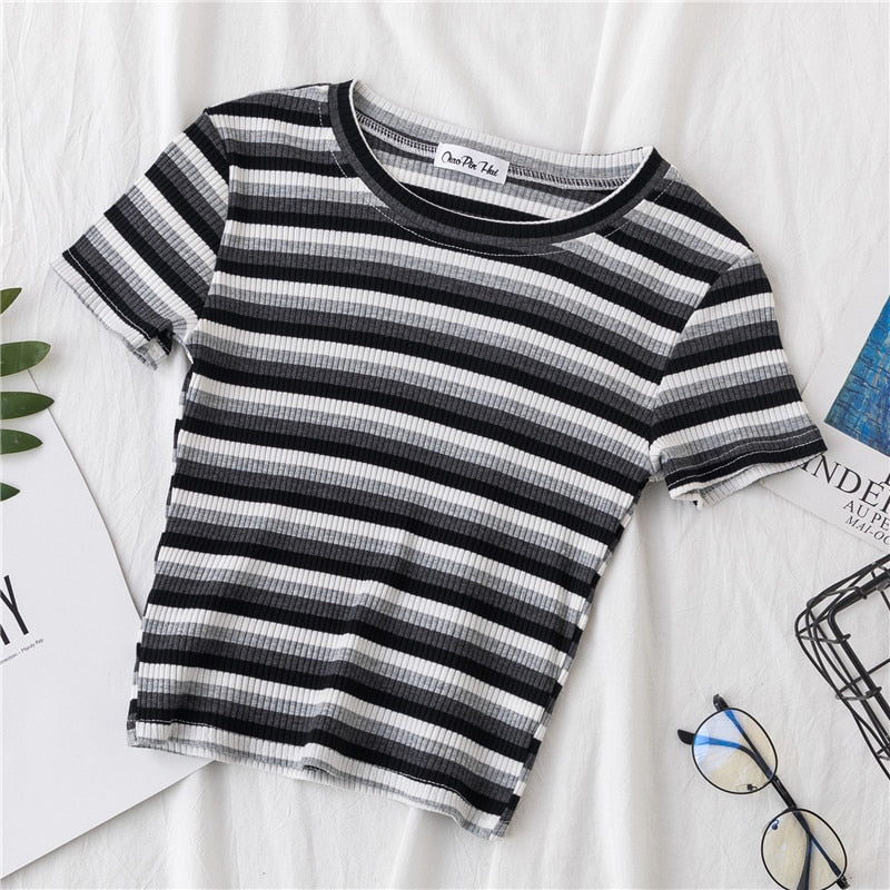 jinran New T Shirt Women Rainbow Striped Tops Slim Fit t shirt Harajuku Tshirt Summer Short Sleeve Korean T-shirt feminina Clothes Tops