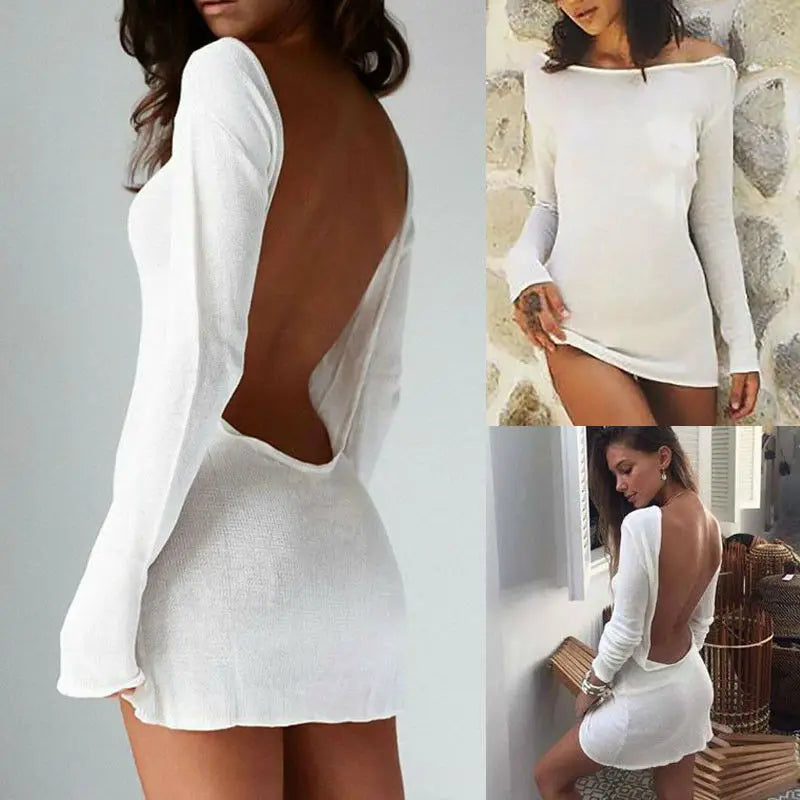 jinran Women Sexy Backless Bodycon Mini Dress Solid Color Round Neck Long Sleeve Slim Fit Beach Dress Holiday Party Wear Streetwear