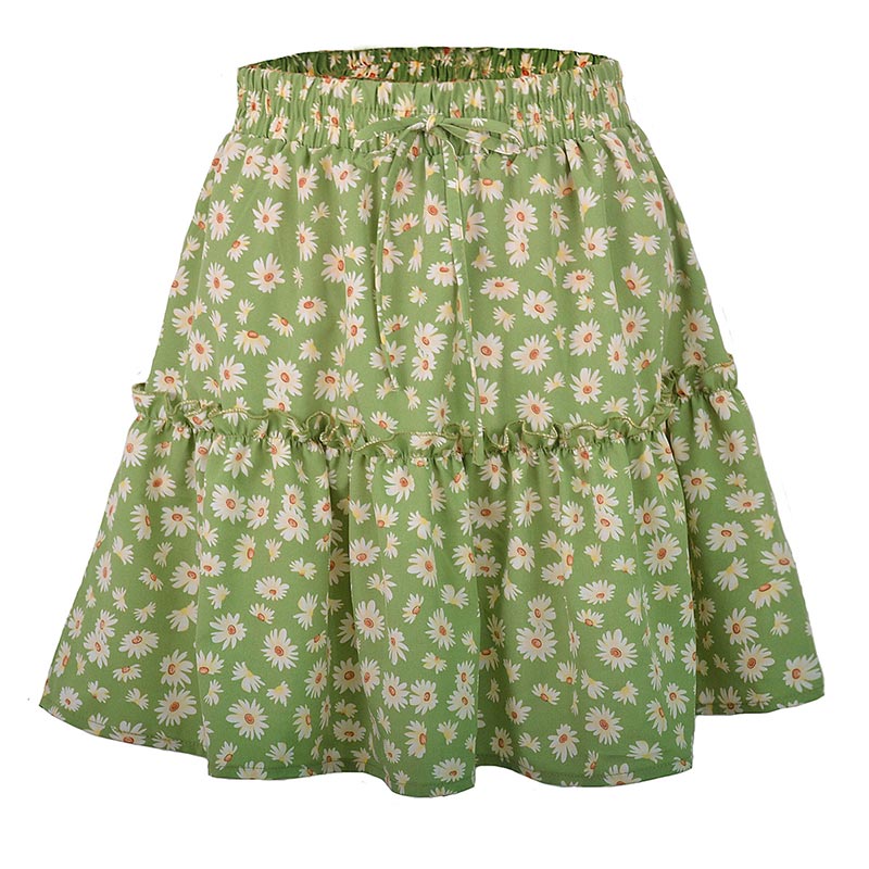 jinran Summer Boho Floral Print Mini Skirt Women Elegant Ruffles Short Skirts Elastics Waist Lace Up A-Line Skirts