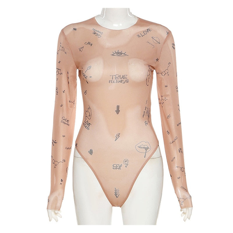 jinran Sexy tight-fitting one-piece Top Women Long-Sleeved Bodysuits O-Neck Basic Party Wear Print Summer Wild Slim Bodysuits