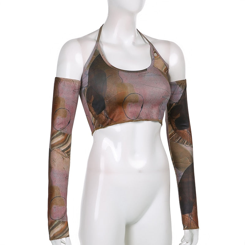 jinran Printed Brown Corset Top Vintage Crop Top y2k Grunge Kawaii With Glove Fashion Sweats Women Summer Camis Korean Style