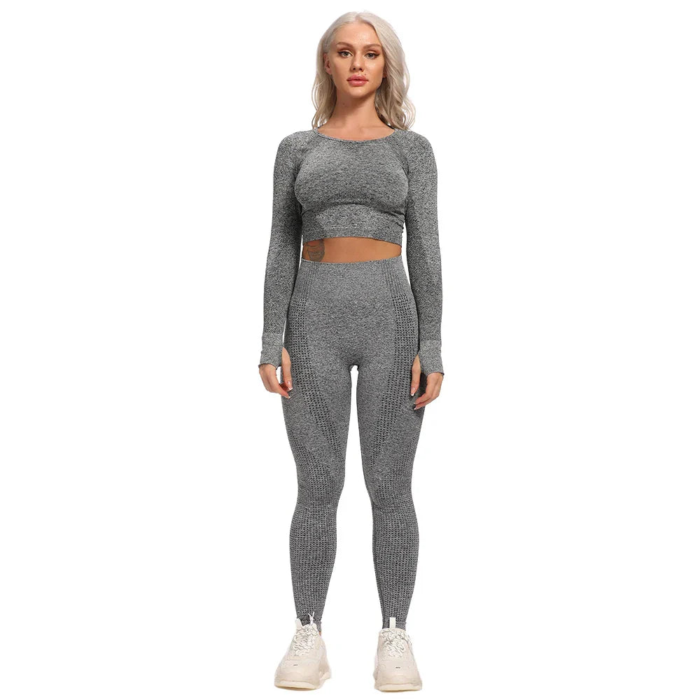 jinran Women New Seamless Yoga Set Gym Clothing Fitness Leggings+Cropped Shirts Sport Suit Women Long Sleeve Tracksuit Active Wear