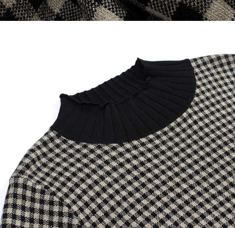 jinran Women Black Bird Lattice Midi Dress Autumn Winter Thick Warm Korean Vintage Casual Sweaters Elegant Bodycon Coat Sweaters