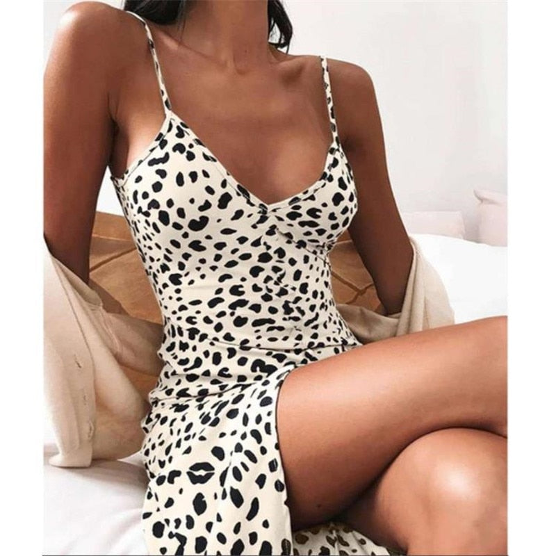 jinran Elegant Sexy Low Cut V-neck Leopard Graphic Dress Women Summer Casual Club Party Wear Vintage Bodycon Sling Mini Dresses Female