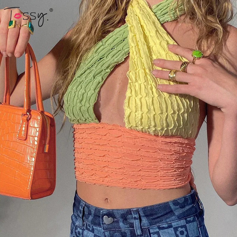 jinran Summer New Halter Contrast Color Tops New Women Sexy Backless Y2K Fashion Top Camis Cropped Tops Party Club Wear Camisole