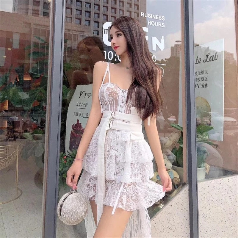 jinran New Women Summer Lace Dress Female Spaghetti Strap Irregular See Through Mini Dress Lady Club White Patchwork Runway Sexy Dress