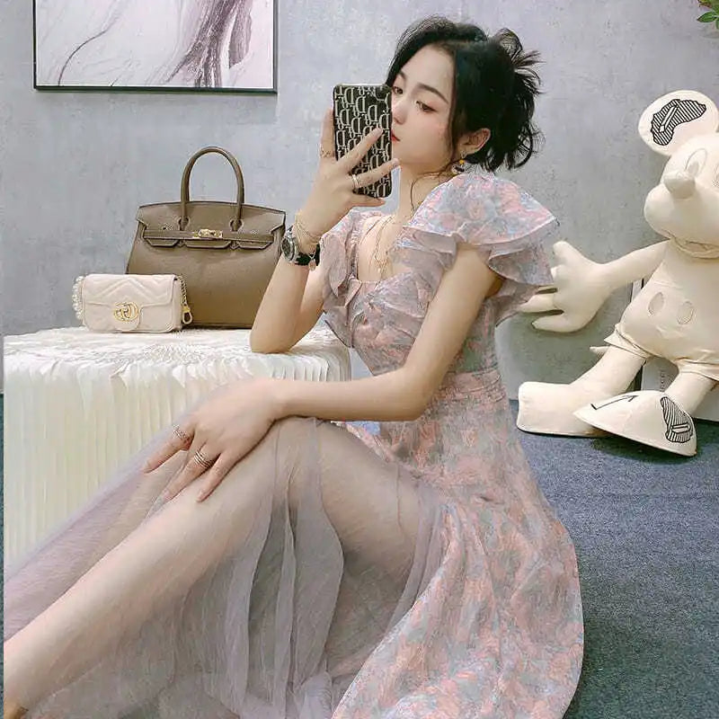 jinran Vintage Chiffon Midi Dress Women Floral Print Design Korean Party Split Dress Female Summer Evening Beach Boho Dress 2024 Casual