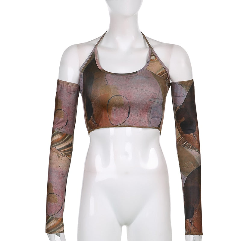 jinran Printed Brown Corset Top Vintage Crop Top y2k Grunge Kawaii With Glove Fashion Sweats Women Summer Camis Korean Style