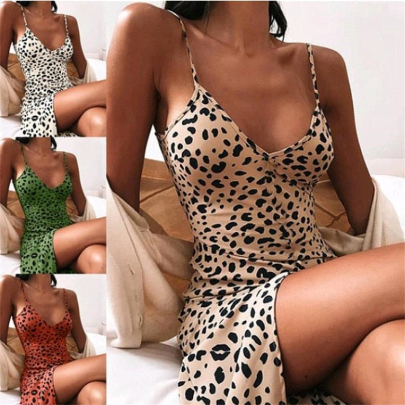 jinran Elegant Sexy Low Cut V-neck Leopard Graphic Dress Women Summer Casual Club Party Wear Vintage Bodycon Sling Mini Dresses Female