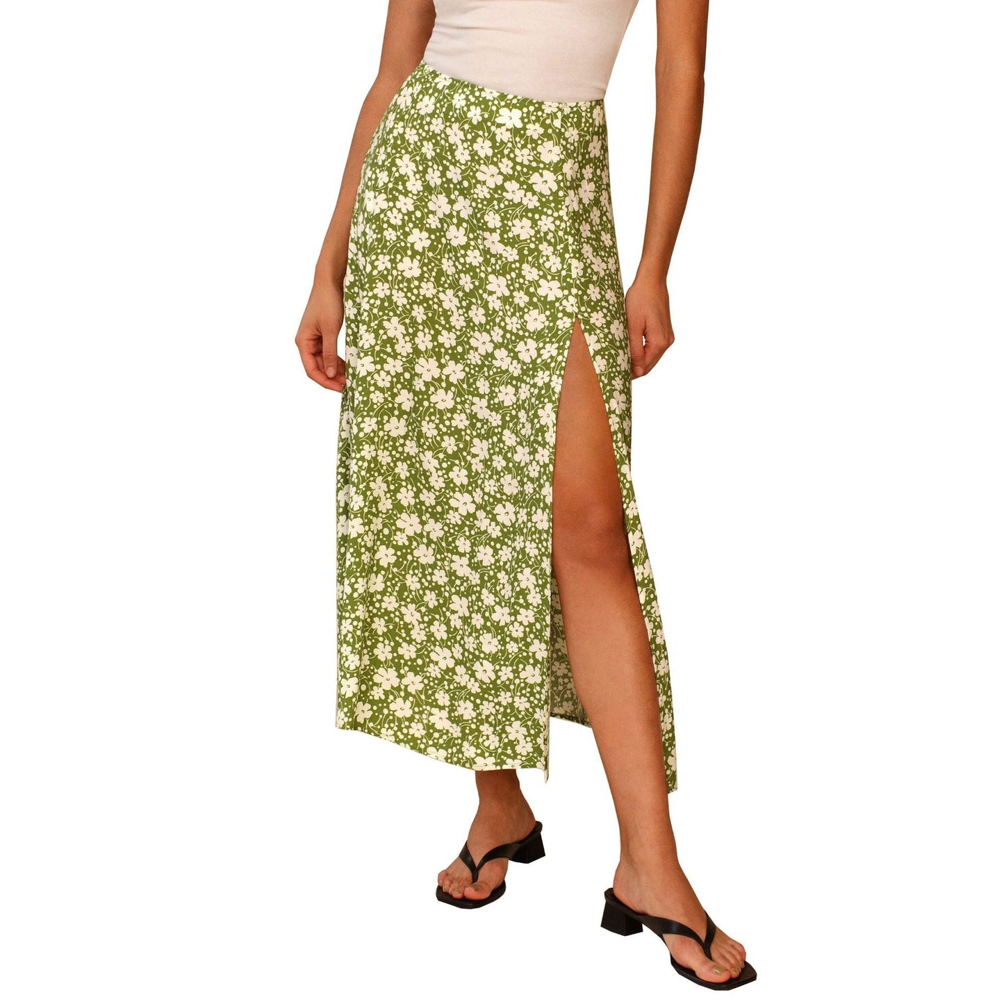 jinran Women Skirt Harajuku leopard flower printed package hip tall waist elastic Summer style mild calf a-line skirts Women XSK8110