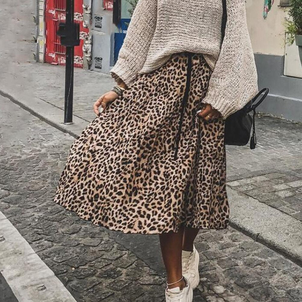 jinran Vintage Leopard Print Pleated Skirts Women Punk Rock Korean Skirt Streetwear Drawstring Elastic Waist Ladies Midi Skirt New