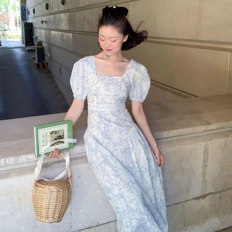 jinran French Vintage Floral Dress Women Square Collar Design Slim Party Dress Female Chiffon Puff Sleeve Wedding Party Midi Dress 2024
