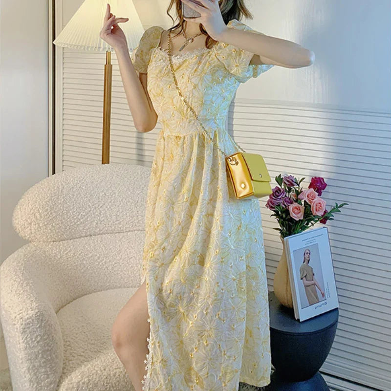 jinran Lace Vintage Fairy Dress Women Yellow Floral Print French Sweet Dress 2024 Summer Holiday Party Long Split Dress Female Korean