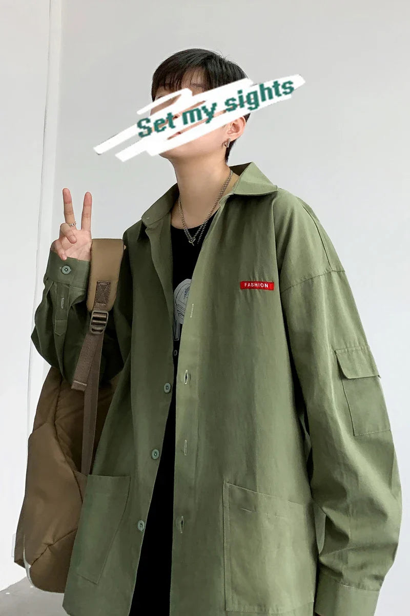 Men Harajuku Solid color Mens Streetwear Long Sleeve Male Vintage Korean Fashions shirts Oversized shi