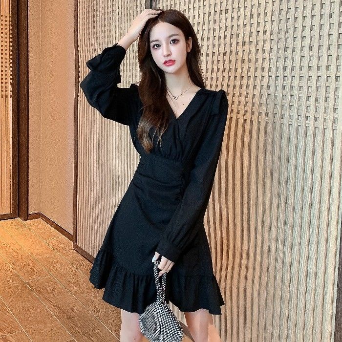 jinran Women Long Sleeve Dresses Solid Ruffles Elegant Gentle Sweet V-neck Shirring Ulzzang Trendy A-line Irregular Designed Slim Teens