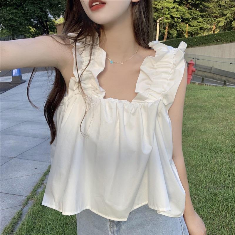 jinran Tanks Top Women Summer New Korean Style Design Solid Fashion Cropped Leisure Basic Loose Sweet Tender Aesthetic Fairy All-match