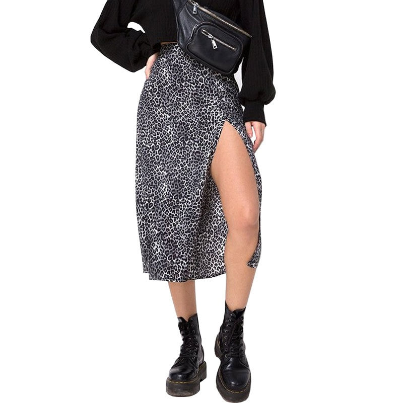 jinran Women Skirt Harajuku leopard flower printed package hip tall waist elastic Summer style mild calf a-line skirts Women XSK8110