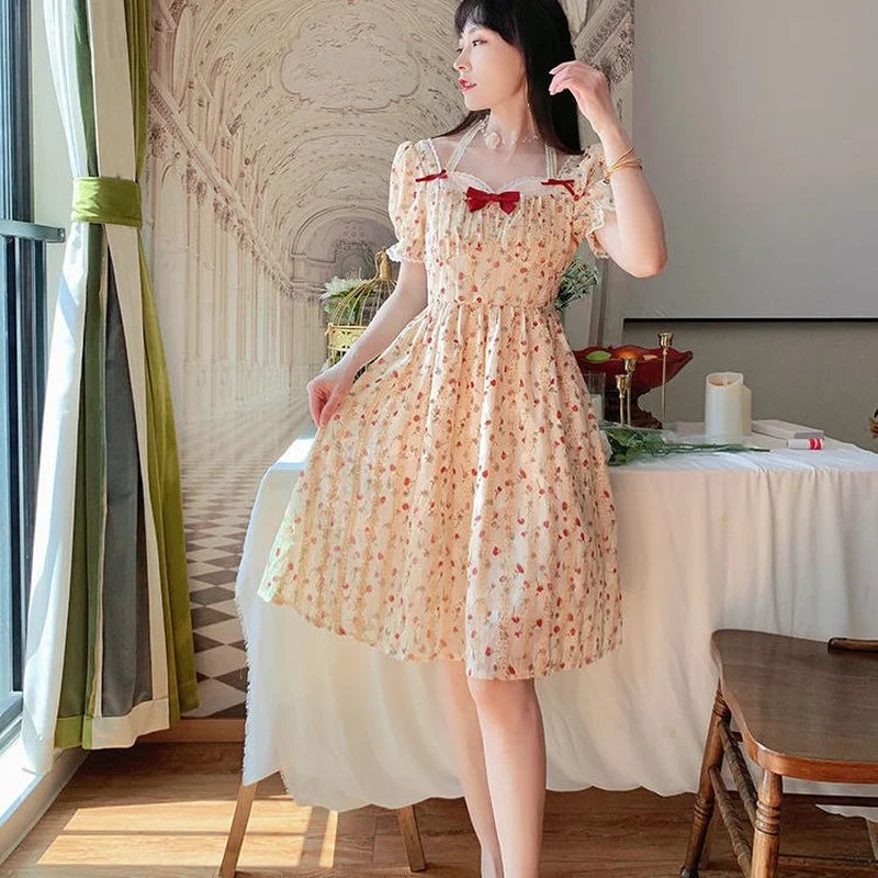 jinran French Vintage Princess Dress Women Sweet Floral Print Fairy Party Dress Korean Bow Beach Holiday Elegant Dresses for Women 2024