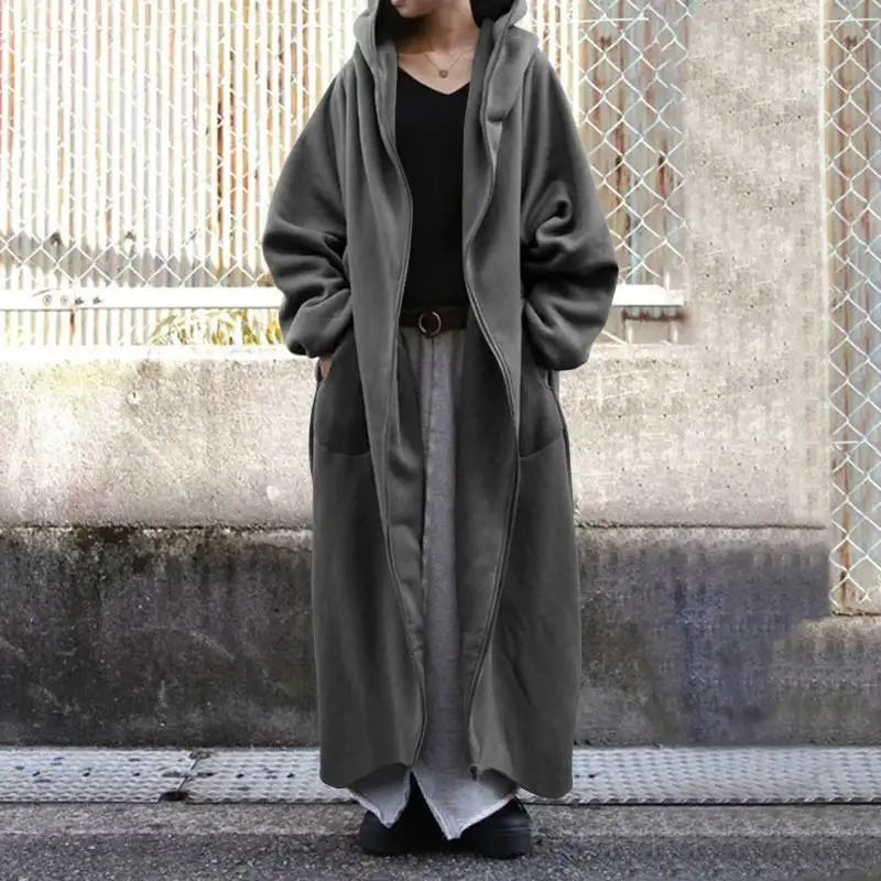 jinran 2024 Winter Fleece Outwear Autumn Hooded Long Coat Women Zipper Hoodies Long Sleeve Jackets Sweatshirt Robe Oversized