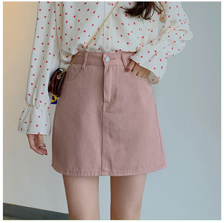 jinran Women Korean Harajuku Denim Skirt Casual Summer High Waist Elegant Solid Simple Wild A Line Mini Skirts Vintage Y2K Streetwear