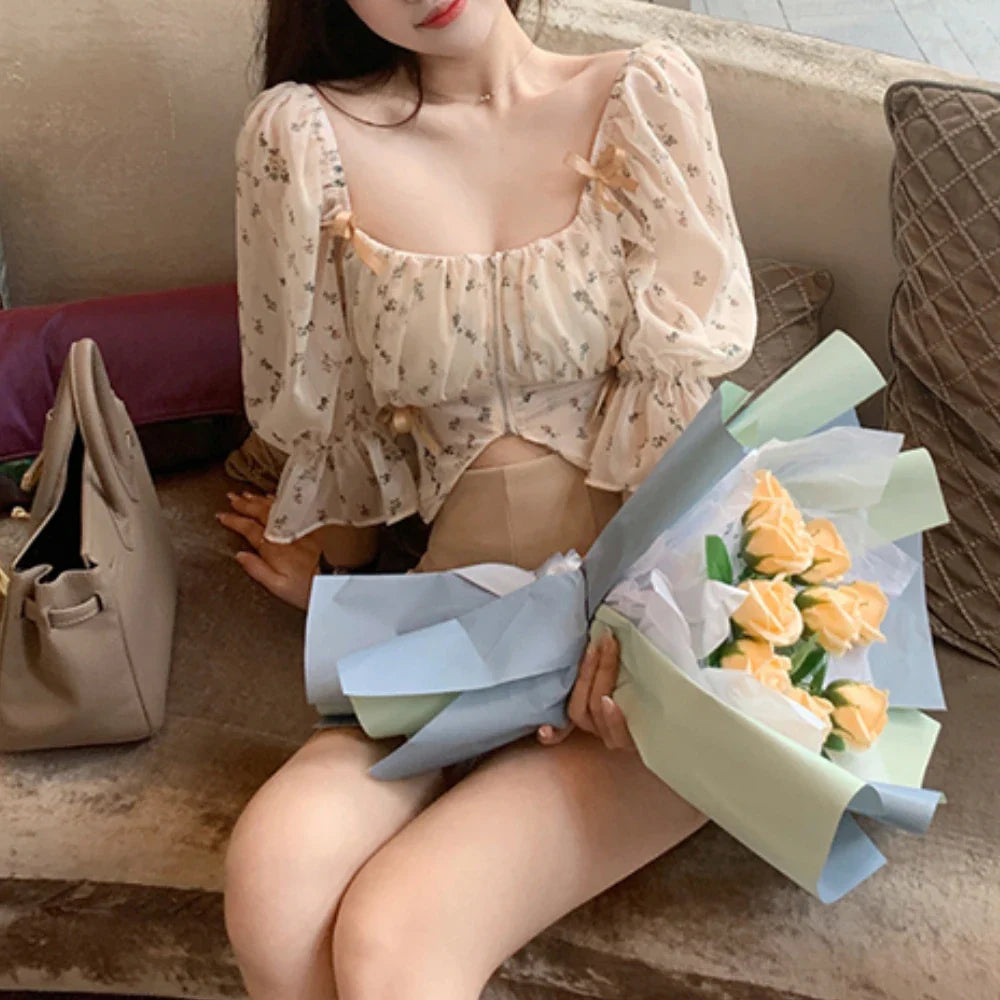 jinran Puff Sleeve Floral Chiffon Blouses Women Summer Short Korean Design Fairy Shirts Tops Casual Chic Evening Party Y2k Clothes 2024