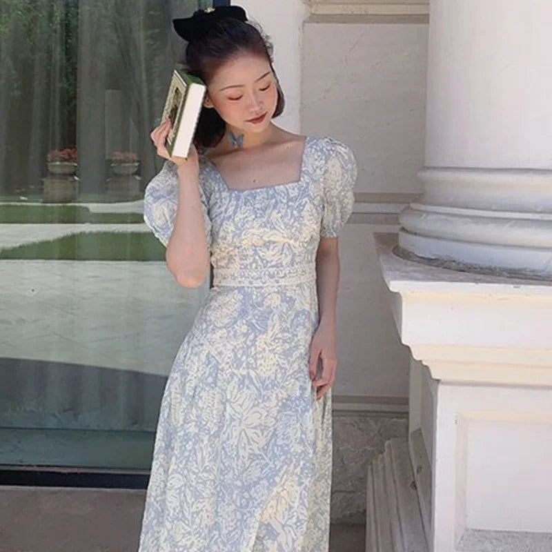 jinran French Vintage Floral Dress Women Square Collar Design Slim Party Dress Female Chiffon Puff Sleeve Wedding Party Midi Dress 2024