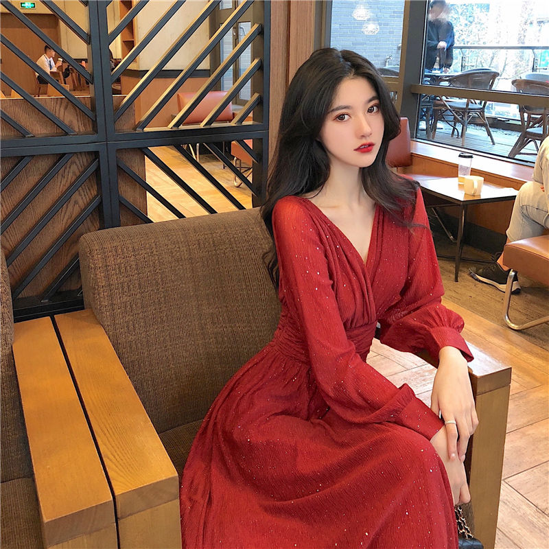 jinran Vintage Sexy Maxi Dresses for Women Party Sequin Midi Dress Female Casual Chiffon Slim Korean Woman Dress Elegant Autumn