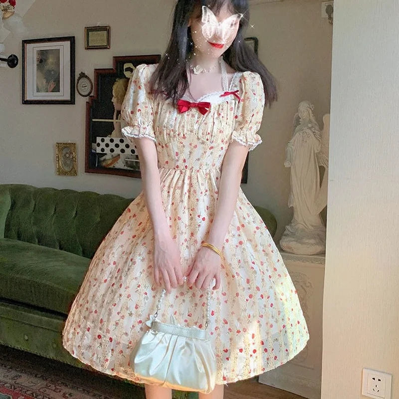 jinran French Vintage Princess Dress Women Sweet Floral Print Fairy Party Dress Korean Bow Beach Holiday Elegant Dresses for Women 2024