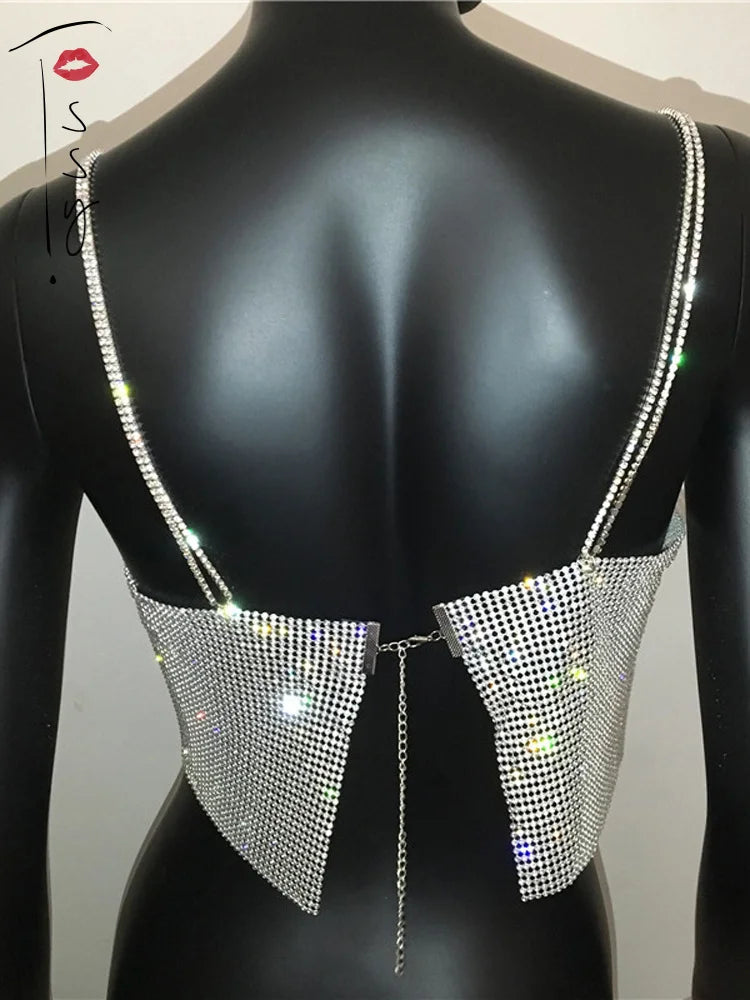 jinran Women Summer Shiny Crystal Chain Tank Top Silver Metal Mesh Halter Metallic Strap Crop Tops Vest Party Clubwear Outfits