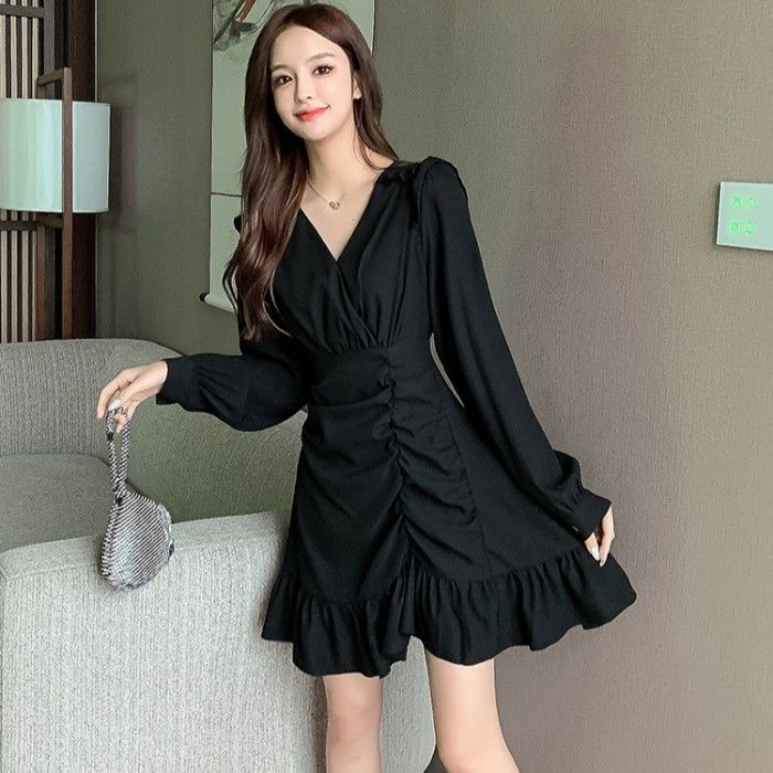 jinran Women Long Sleeve Dresses Solid Ruffles Elegant Gentle Sweet V-neck Shirring Ulzzang Trendy A-line Irregular Designed Slim Teens