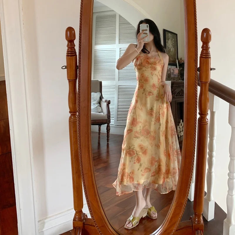 jinran French Vintage Dress Women Elegant Backless Floral Halter Neck Midi Dress Summer Chiffon Holiday Beach Dresses for Women 2024