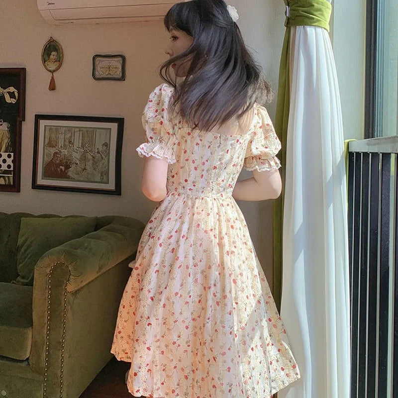 jinran French Vintage Princess Dress Women Sweet Floral Print Fairy Party Dress Korean Bow Beach Holiday Elegant Dresses for Women 2024