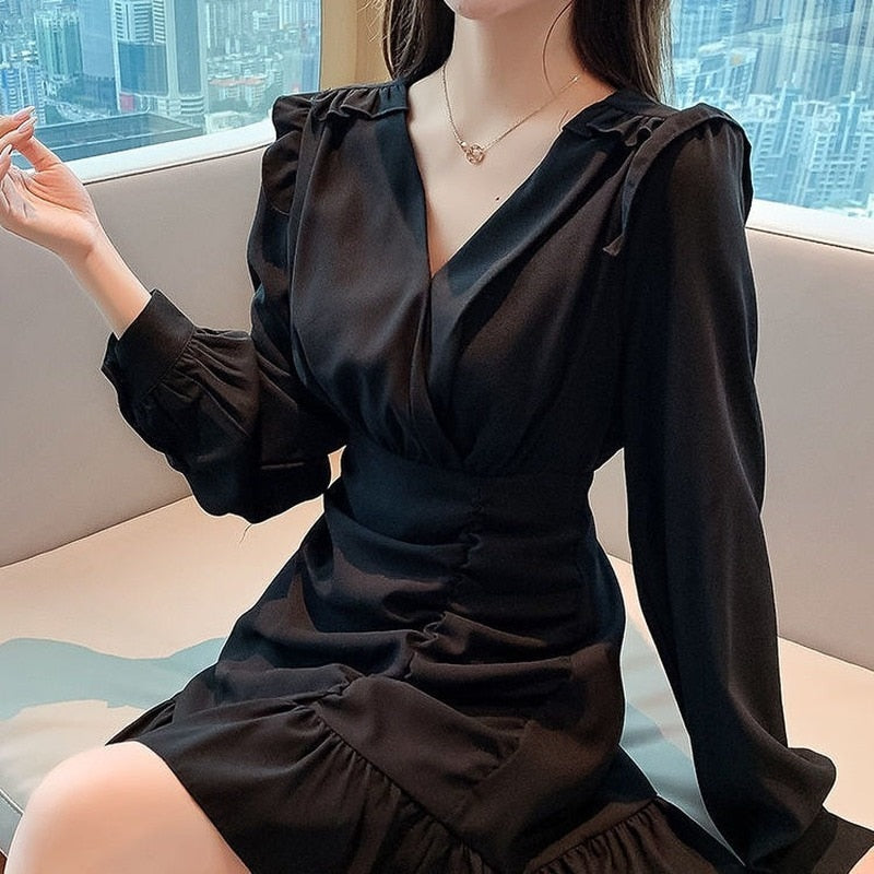 jinran Women Long Sleeve Dresses Solid Ruffles Elegant Gentle Sweet V-neck Shirring Ulzzang Trendy A-line Irregular Designed Slim Teens