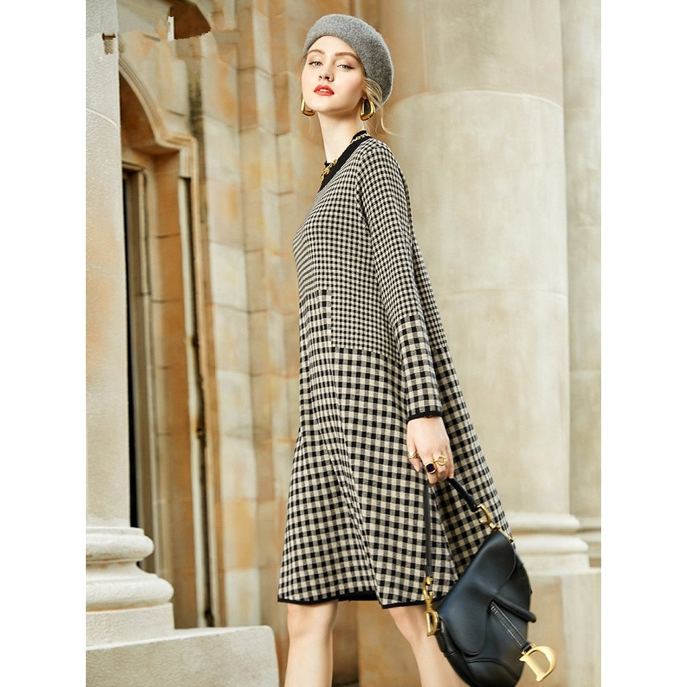jinran Women Black Bird Lattice Midi Dress Autumn Winter Thick Warm Korean Vintage Casual Sweaters Elegant Bodycon Coat Sweaters