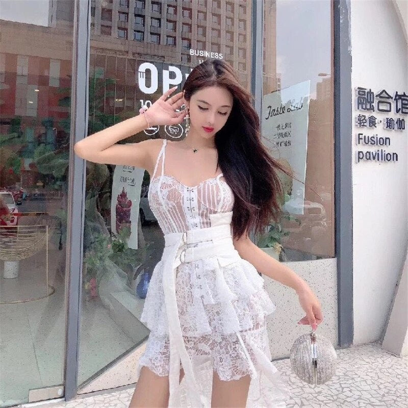 jinran New Women Summer Lace Dress Female Spaghetti Strap Irregular See Through Mini Dress Lady Club White Patchwork Runway Sexy Dress
