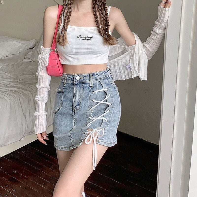 jinran Skirts Women Bodycon Sexy Side Split Cross Bandage Denim Jupe Summer High Waist Streetwear Fashion Korean Style Club Y2K Girls