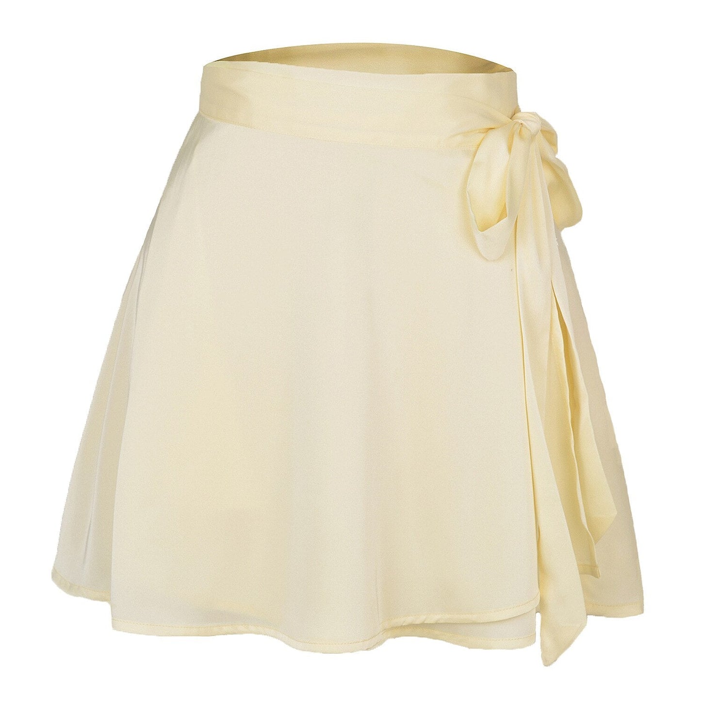 jinran Women Summer High Waist Lace-Up Loose Casual Chiffon Satin Mini Skirt Solid Color Bandage Fashion Club Elegant Skirts WDQ01