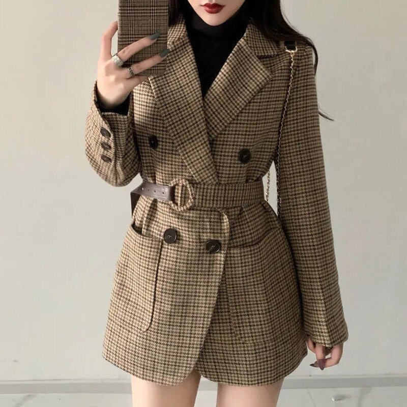 jinran Vintage Houndstooth Jacket Blazer Women Plaid Lady Suit Jacket with Belt Long Sleeve Female Tailored Coat Street Wear New