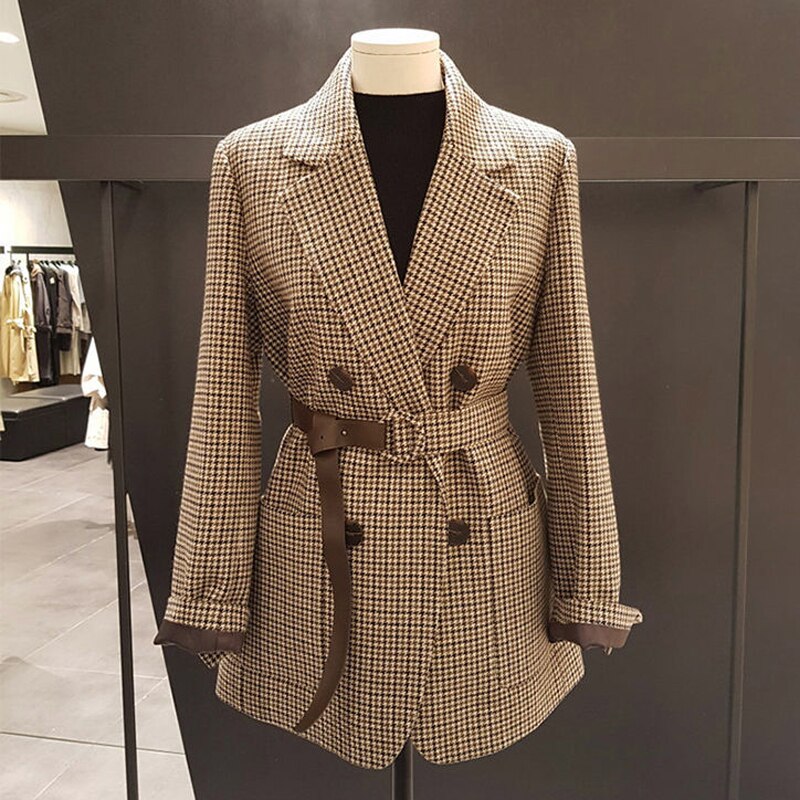jinran Vintage Houndstooth Jacket Blazer Women Plaid Lady Suit Jacket with Belt Long Sleeve Female Tailored Coat Street Wear New