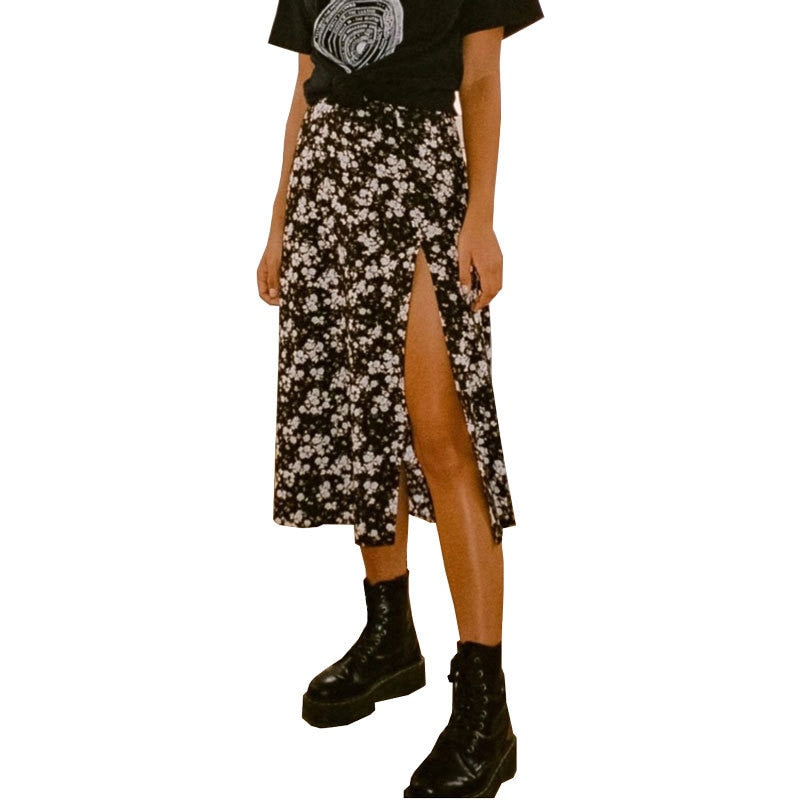 jinran Women Skirt Harajuku leopard flower printed package hip tall waist elastic Summer style mild calf a-line skirts Women XSK8110