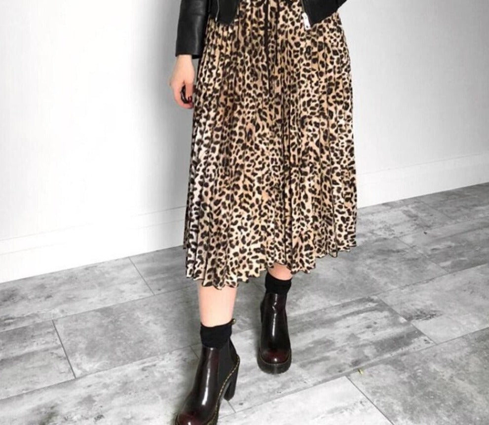 jinran Vintage Leopard Print Pleated Skirts Women Punk Rock Korean Skirt Streetwear Drawstring Elastic Waist Ladies Midi Skirt New
