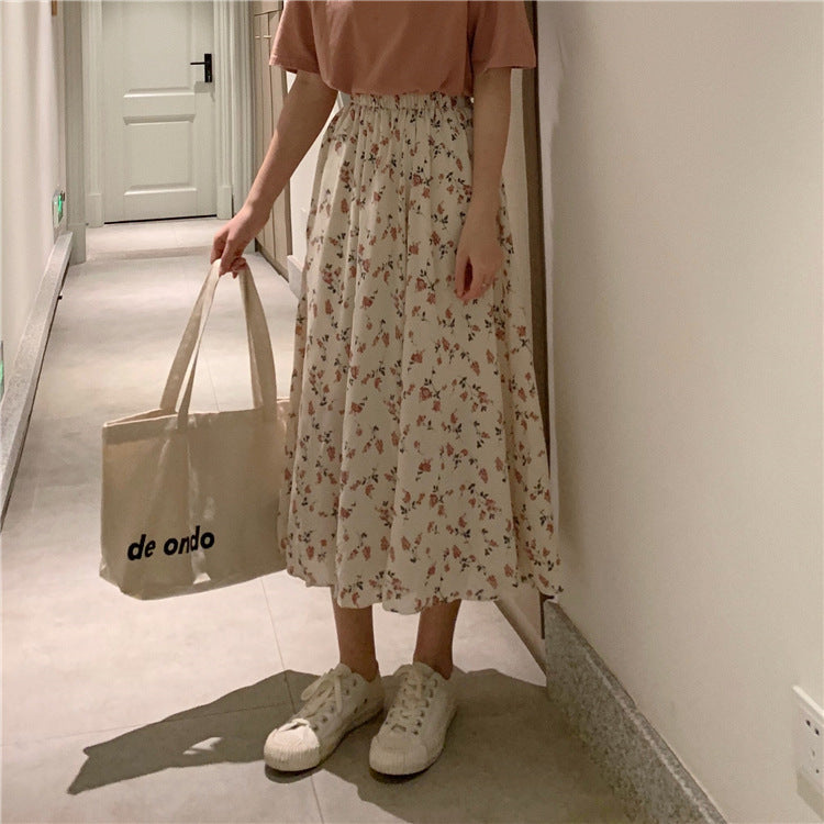 jinran Vintage Floral Print A-line Pleated Long Skirts Summer Women Korean Harajuku Skirt Streetwear Boho Elastic Waist Midi Skirt 2021