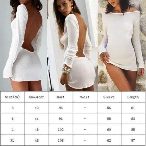 jinran Women Sexy Backless Bodycon Mini Dress Solid Color Round Neck Long Sleeve Slim Fit Beach Dress Holiday Party Wear Streetwear