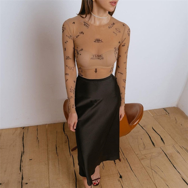 jinran Sexy tight-fitting one-piece Top Women Long-Sleeved Bodysuits O-Neck Basic Party Wear Print Summer Wild Slim Bodysuits