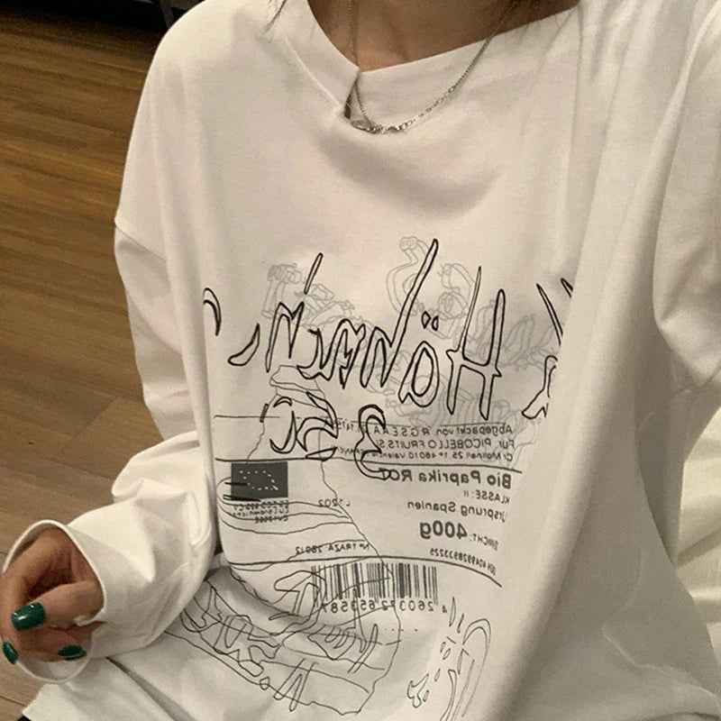 jinran Y2K T-shirt Fairy Grunge 2024 Vintage Letter Print Tops Black Autumn Off Shoulder Long Sleeved Korean Tees Loose Harajuku Shirt