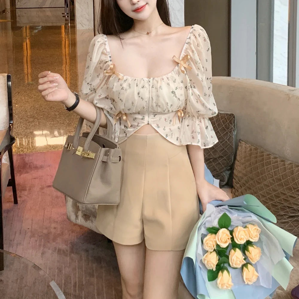 jinran Puff Sleeve Floral Chiffon Blouses Women Summer Short Korean Design Fairy Shirts Tops Casual Chic Evening Party Y2k Clothes 2024